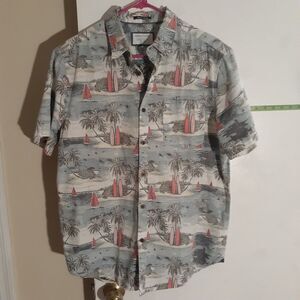 Denim and flower shirt mens l blue tropical Hawaiian beach cotton short sleeve